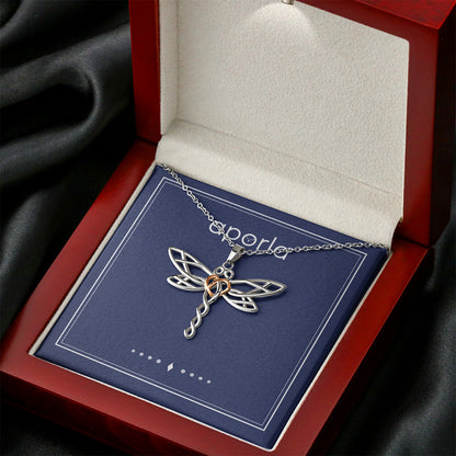 Transformation - Dragonfly Necklace With Rose Gold Heart