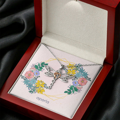 Floral Dragonfly Necklace Rose Gold Heart
